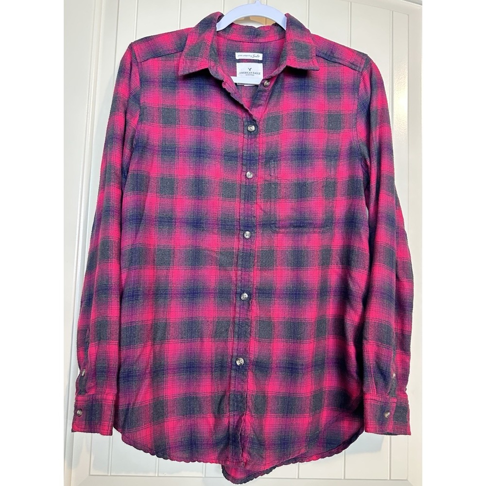 AMERICAN EAGLE Ahh-Mazingly Soft pink Plaid Flannel Boyfriend Button Shirt S